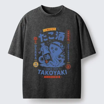 Tokyo-Tiger Vintage Bar Art With Sake Loving Octopus Washed T-Shirt