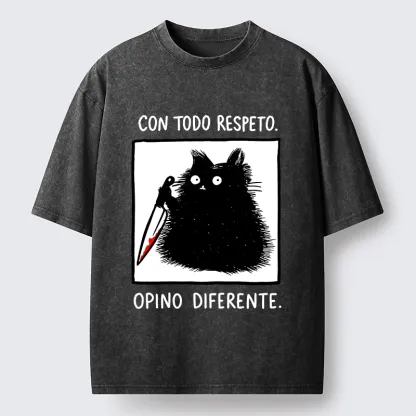 Tokyo-Tiger Black Cat Holds Knife Disagrees Washed T-Shirt