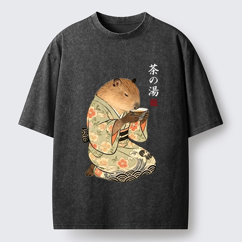 Tokyo-Tiger Capybara Drinking Tea In Kimono Washed T-Shirt