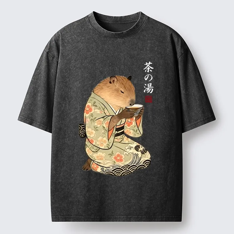 Tokyo-Tiger Capybara Drinking Tea In Kimono Washed T-Shirt