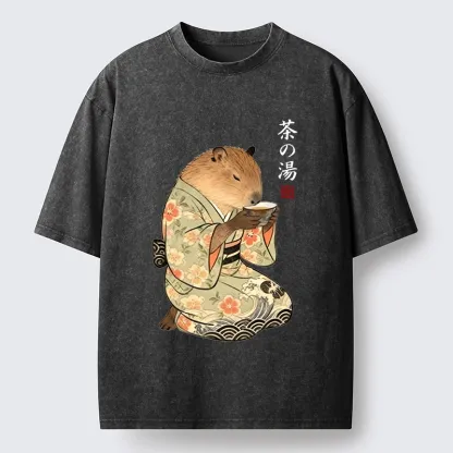 Tokyo-Tiger Capybara Drinking Tea In Kimono Washed T-Shirt