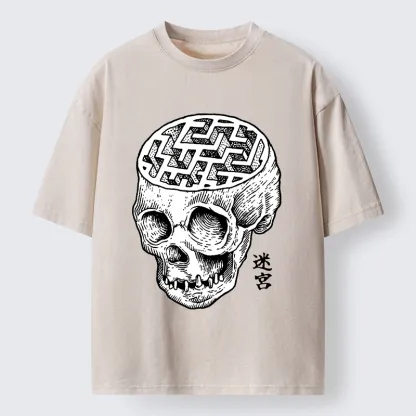 Tokyo-Tiger Skull With Brain Maze Washed T-Shirt