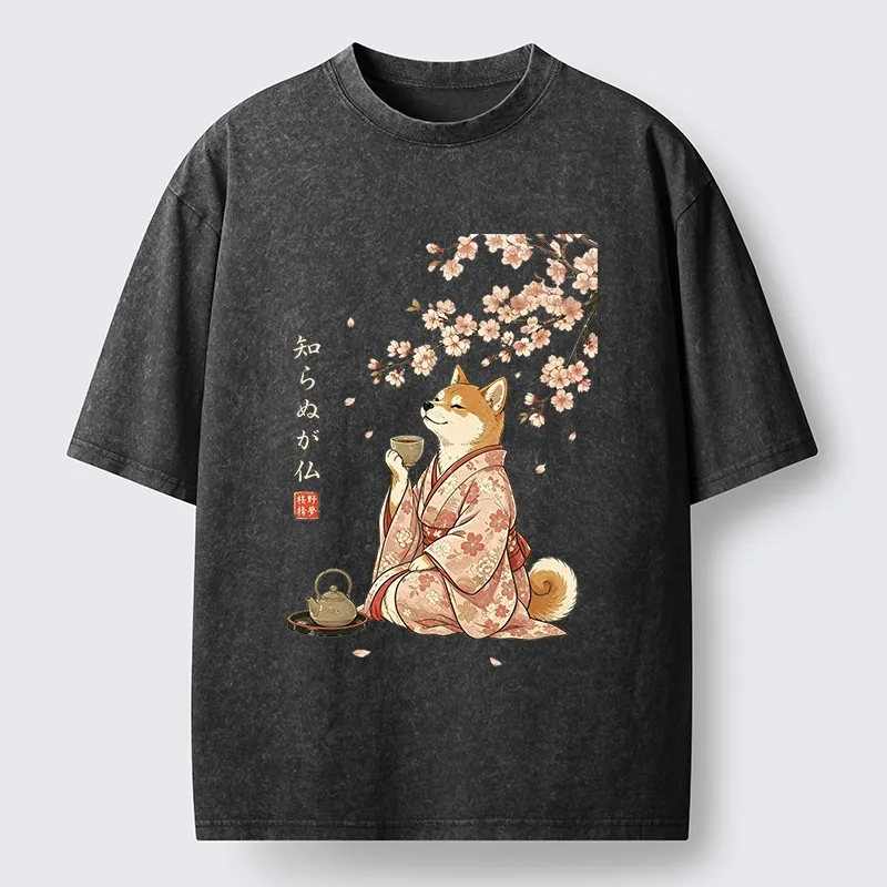 Tokyo-Tiger Japanese Kimono Shiba Tea Time Washed T-Shirt Sale