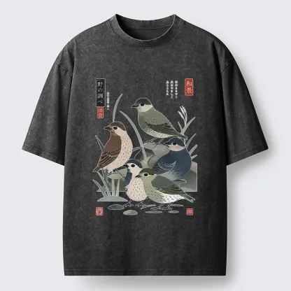 Tokyo-Tiger Cute Little Birds Japanese Folk Print Washed T-Shirt
