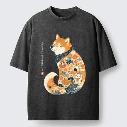 Tokyo-Tiger Cute Shiba Inu Wearing Traditional Kimono Washed T-Shirt