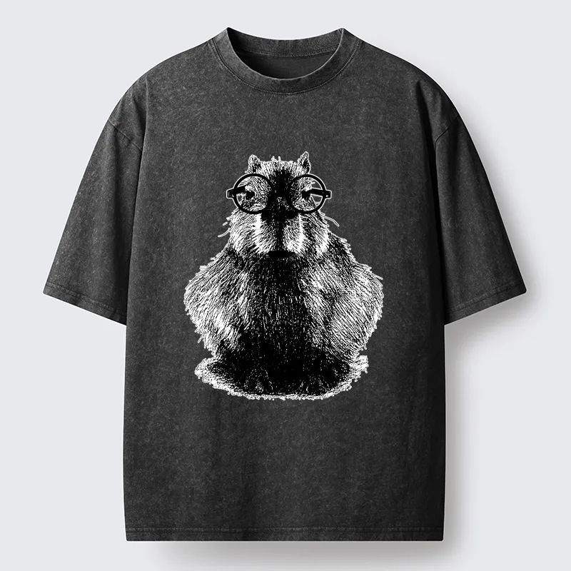 Tokyo-Tiger Smart Capybara With Glasses Washed T-Shirt