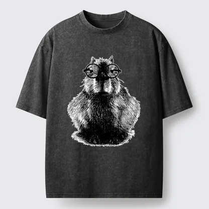 Tokyo-Tiger Smart Capybara With Glasses Washed T-Shirt