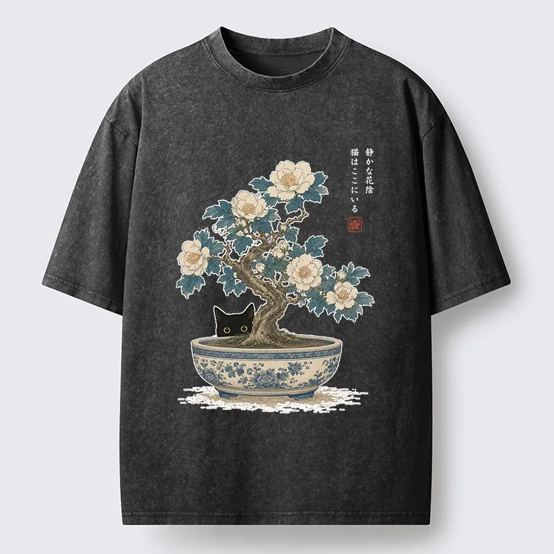 Tokyo-Tiger Black Cat Hiding In The Bonsai Washed T-Shirt Sale