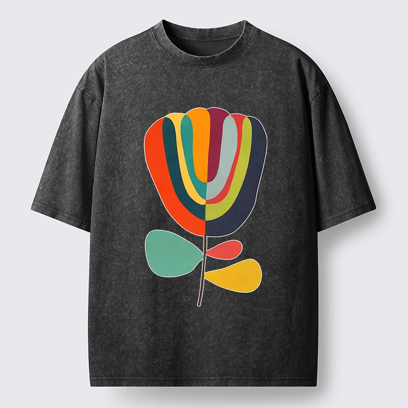 Tokyo-Tiger Colorful Flower Minimalist Print Washed T-Shirt
