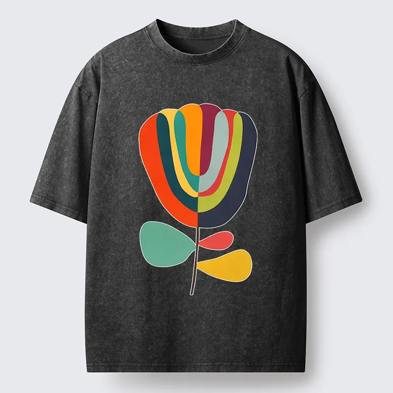 Tokyo-Tiger Colorful Flower Minimalist Print Washed T-Shirt