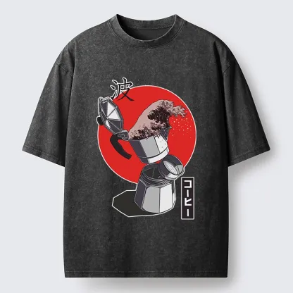 Tokyo-Tiger Coffee Wave Pours From Moka Pot Washed T-Shirt