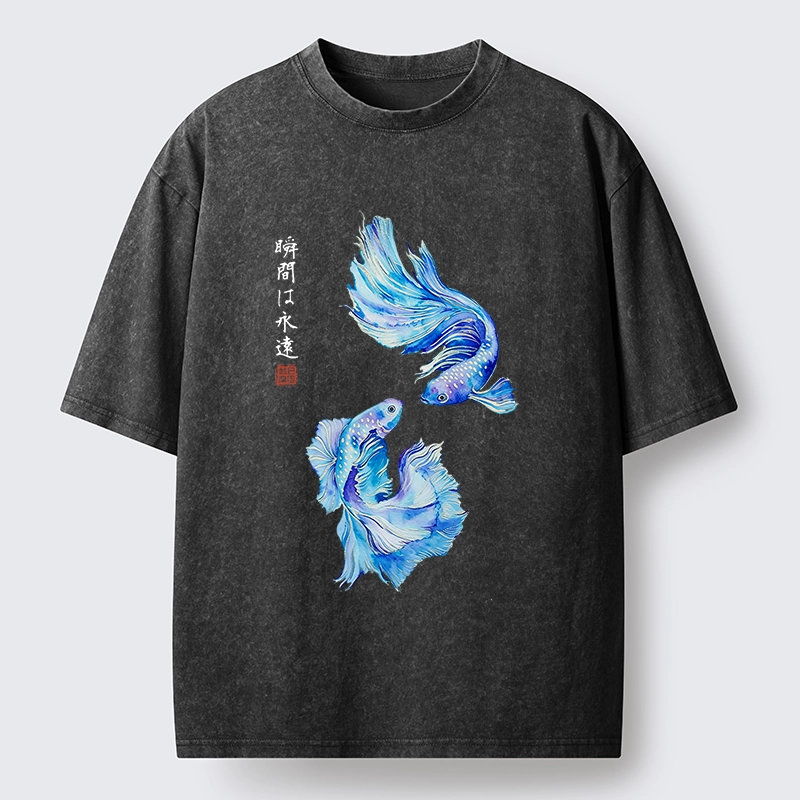 Tokyo-Tiger Japanese Watercolor Pair Betta Fish Washed T-Shirt