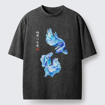 Tokyo-Tiger Japanese Watercolor Pair Betta Fish Washed T-Shirt