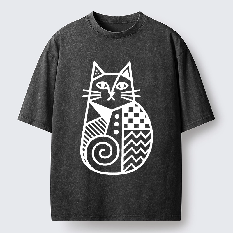Tokyo-Tiger Simple Folk Art Patterned Cat Washed T-Shirt
