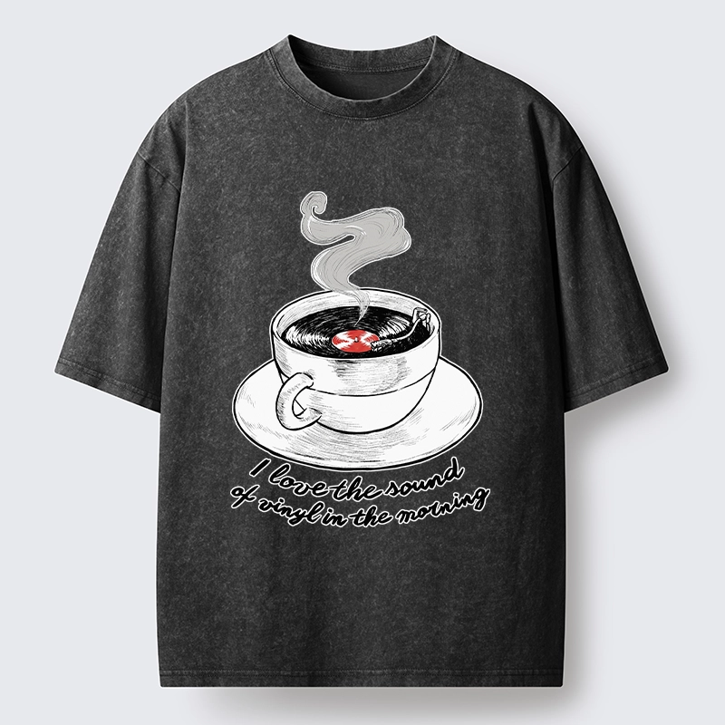 Tokyo-Tiger Coffee Cup Holds Spinning Vinyl Record Washed T-Shirt