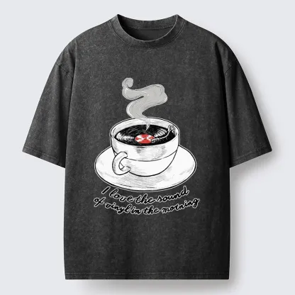 Tokyo-Tiger Coffee Cup Holds Spinning Vinyl Record Washed T-Shirt