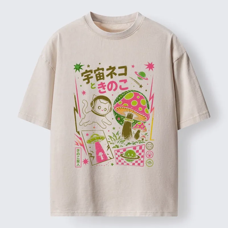 Tokyo-Tiger Space Cat And Magic Mushrooms Washed T-Shirt