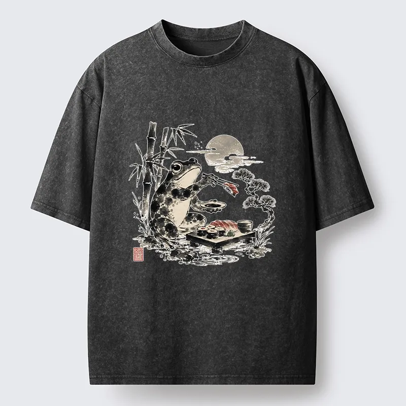 Tokyo-Tiger Frog Eating Sushi At Nigh Washed T-Shirt