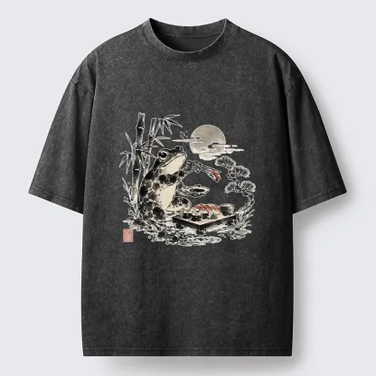 Tokyo-Tiger Frog Eating Sushi At Nigh Washed T-Shirt