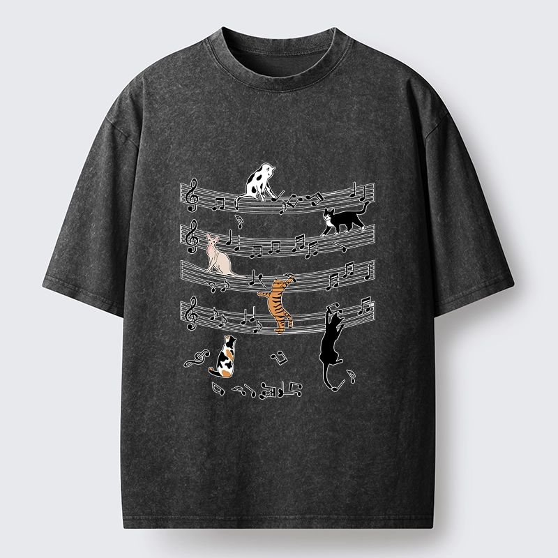 Tokyo-Tiger Cats On Musical Notes Washed T-Shirt