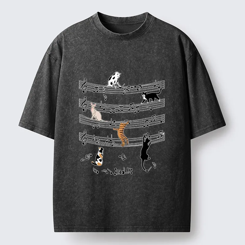 Tokyo-Tiger Cats On Musical Notes Washed T-Shirt