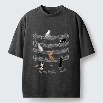 Tokyo-Tiger Cats On Musical Notes Washed T-Shirt