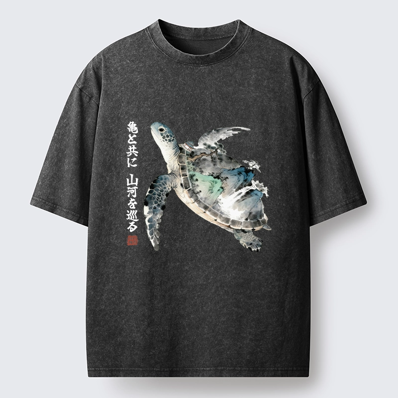 Tokyo-Tiger Ink Wash Sea Turtle Art Washed T-Shirt