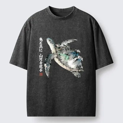 Tokyo-Tiger Ink Wash Sea Turtle Art Washed T-Shirt