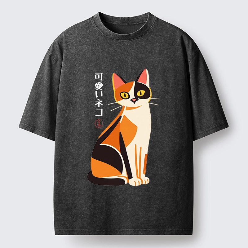 Tokyo-Tiger Cute Calico Cat Japanese Minimal Art Washed T-Shirt
