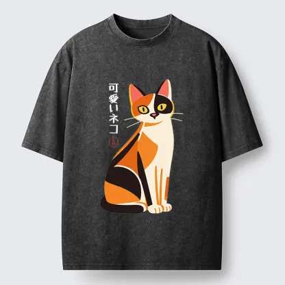 Tokyo-Tiger Cute Calico Cat Japanese Minimal Art Washed T-Shirt