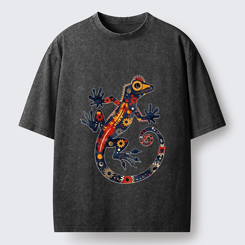 Tokyo-Tiger Colorful Folk Art Gecko Full Of Flowers Washed T-Shirt