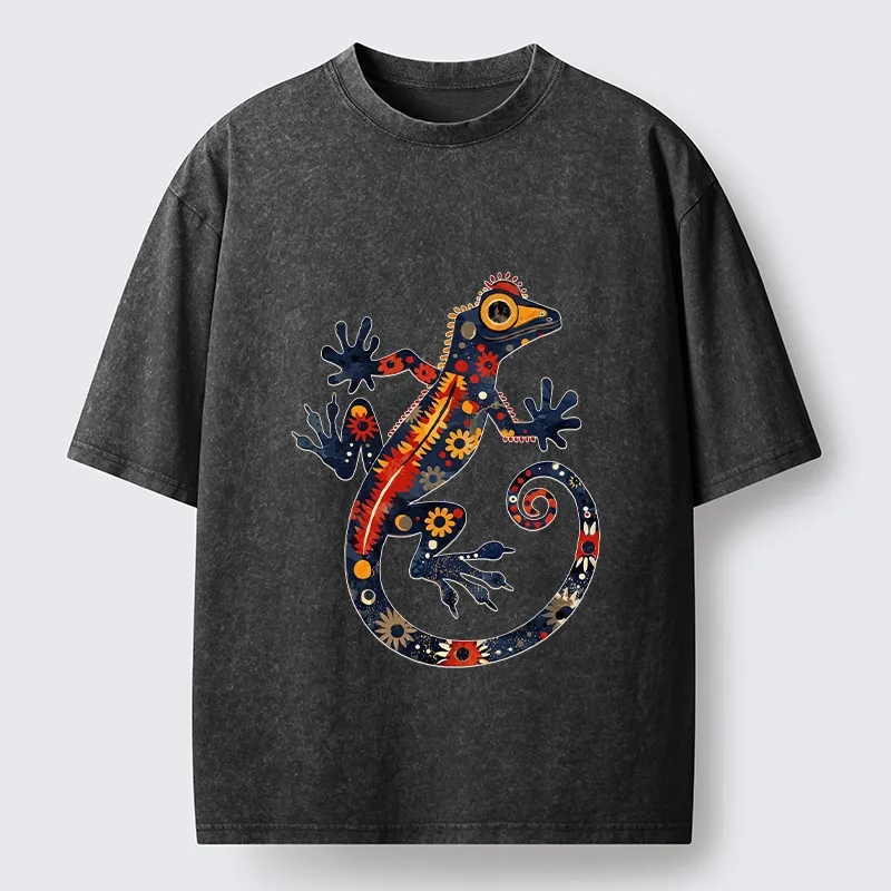 Tokyo-Tiger Colorful Folk Art Gecko Full Of Flowers Washed T-Shirt