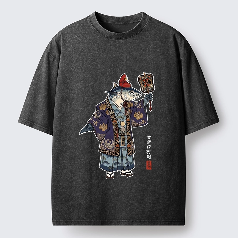 Tokyo-Tiger Fish Chef Holds Decorative Hand Fan Washed T-Shirt