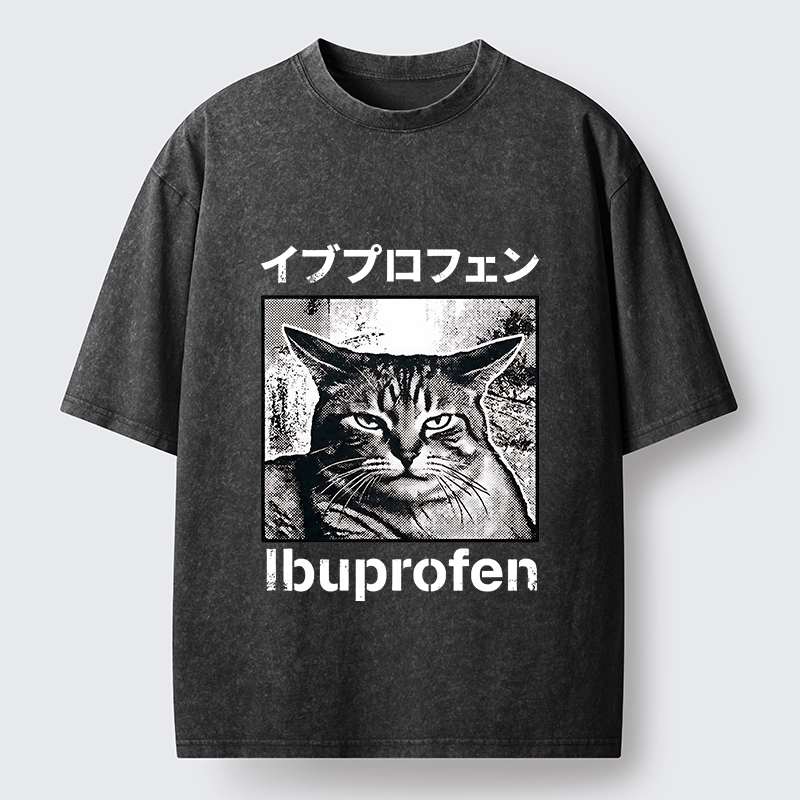 Tokyo-Tiger Tough Cat Loves Ibuprofen Pain Relief Washed T-Shirt