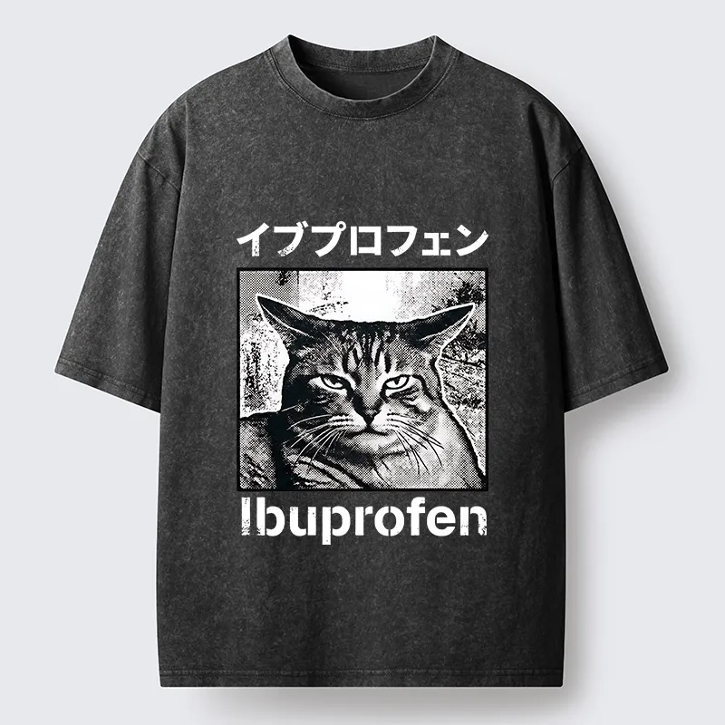 Tokyo-Tiger Tough Cat Loves Ibuprofen Pain Relief Washed T-Shirt