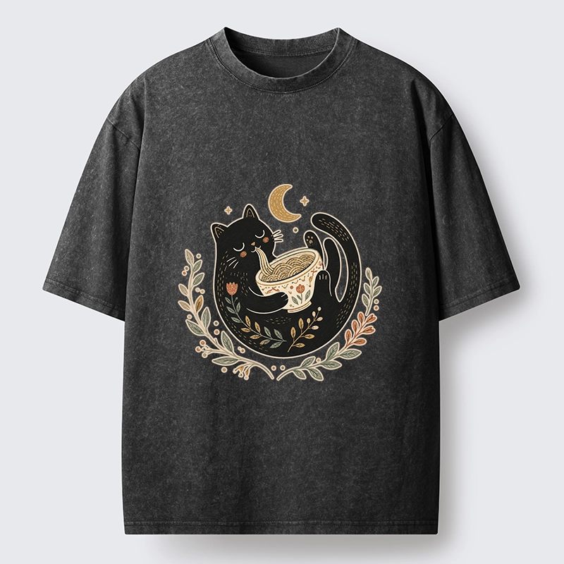 Tokyo-Tiger Soft Cute Black Cat Eat Noodle At Moon Washed T-Shirt