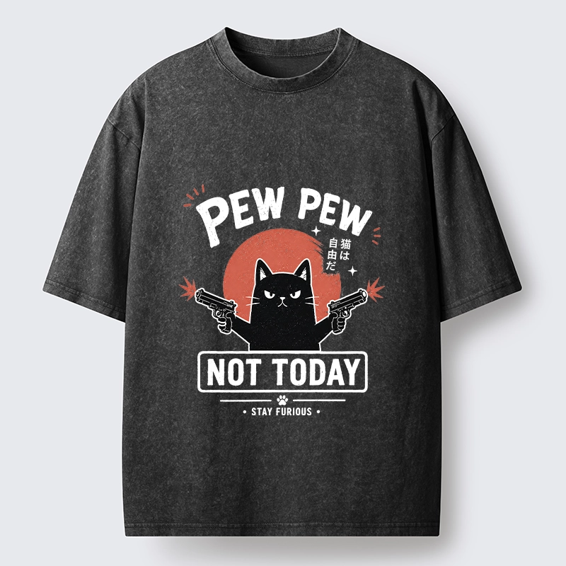 Tokyo-Tiger Not Today Black Cat Dual Pistols Mode Washed T-Shirt