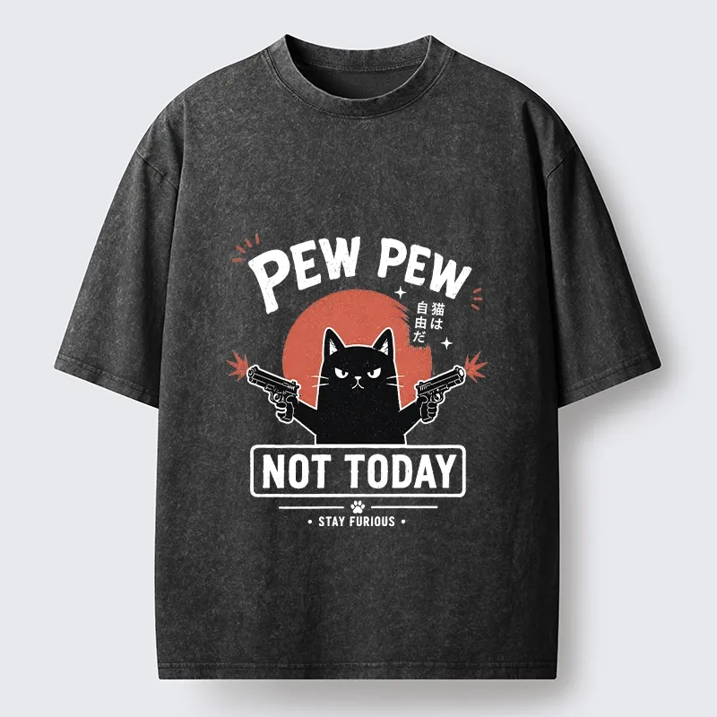 Tokyo-Tiger Not Today Black Cat Dual Pistols Mode Washed T-Shirt