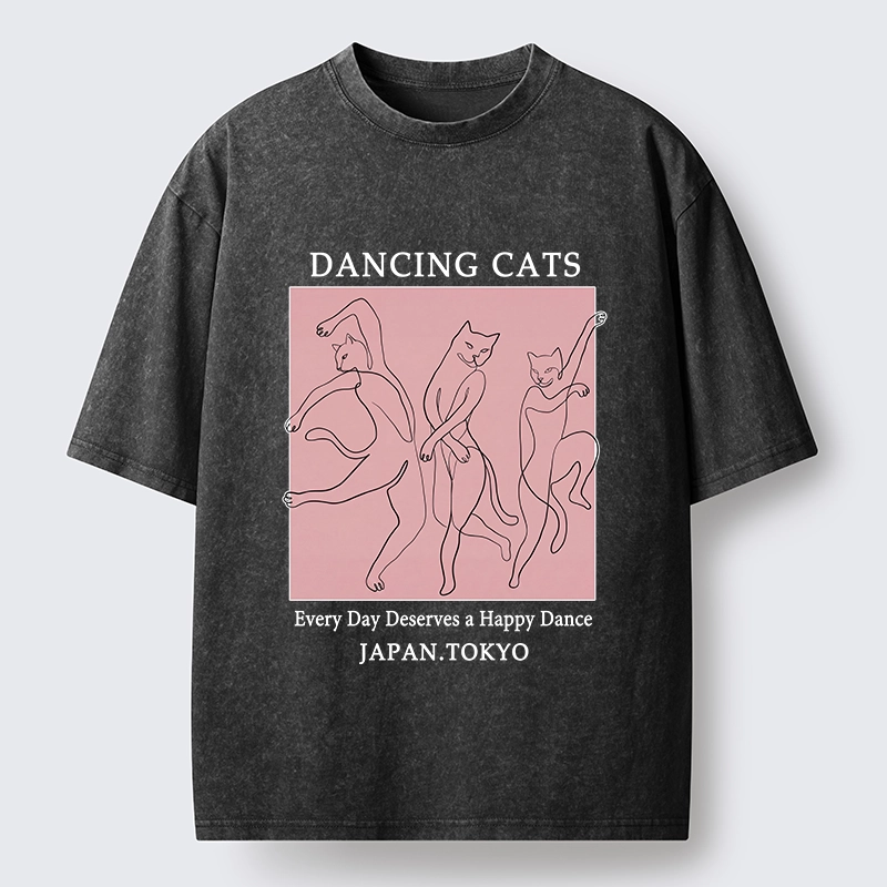 Tokyo-Tiger Happy Dance Cats Minimal Graphic Washed T-Shirt