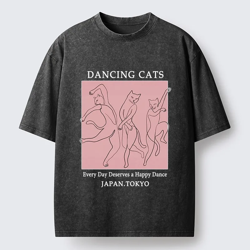 Tokyo-Tiger Happy Dance Cats Minimal Graphic Washed T-Shirt