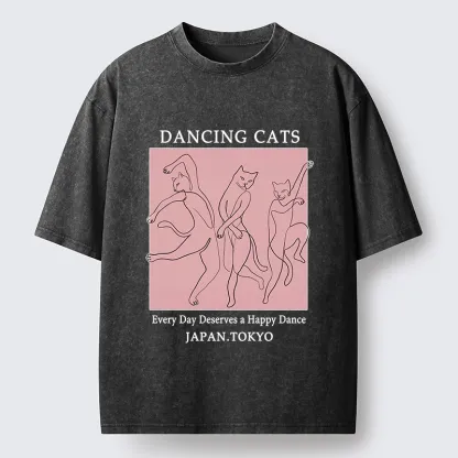 Tokyo-Tiger Happy Dance Cats Minimal Graphic Washed T-Shirt