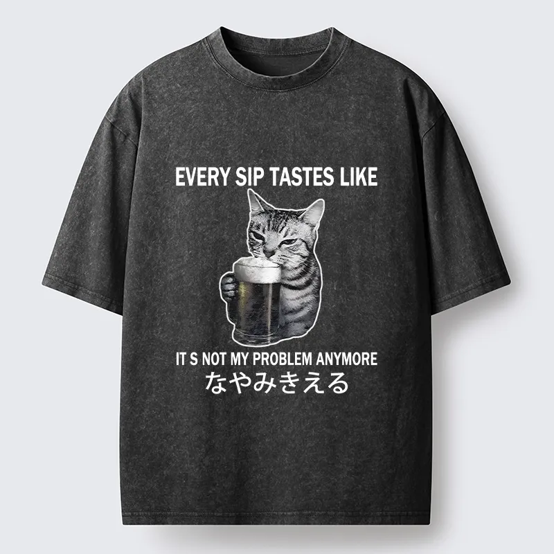 Tokyo-Tiger Chill Beer Cat Relax Graphic Washed T-Shirt