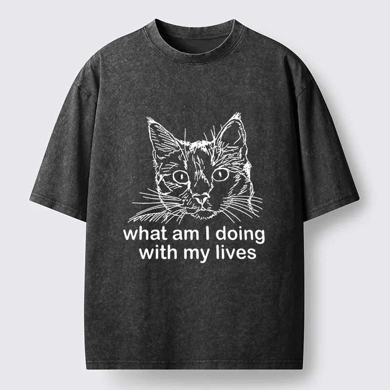 Tokyo-Tiger Confused Cat Life Reflection Washed T-Shirt