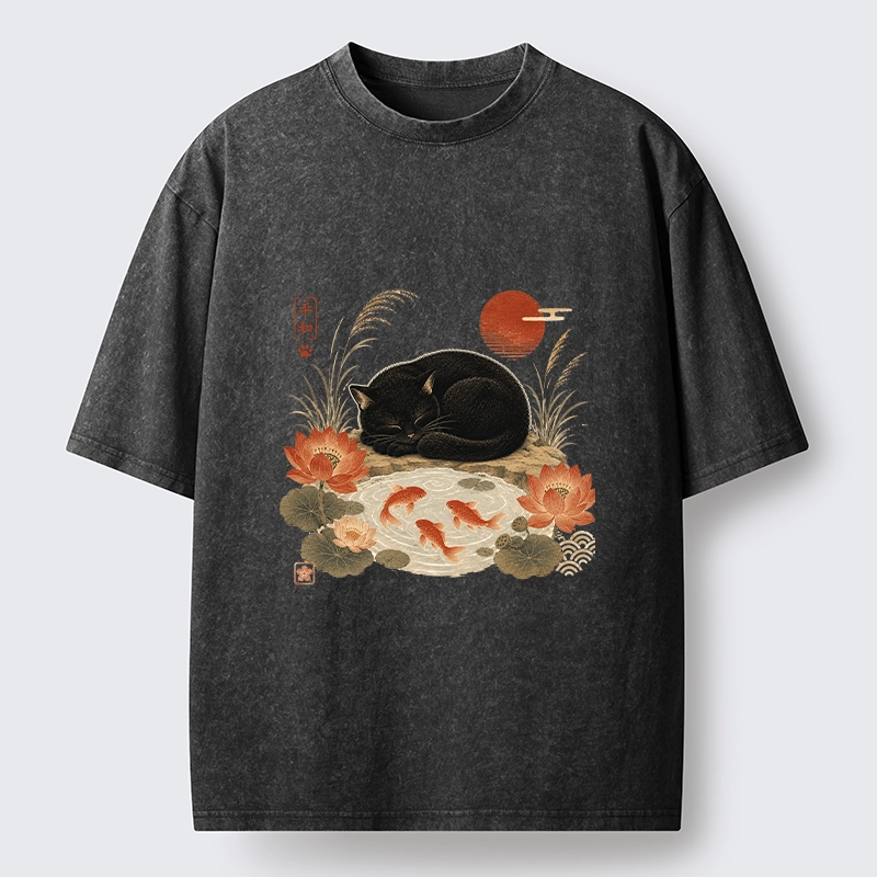 Tokyo-Tiger Peace Lotus Black Cat Koi Art Washed T-Shirt