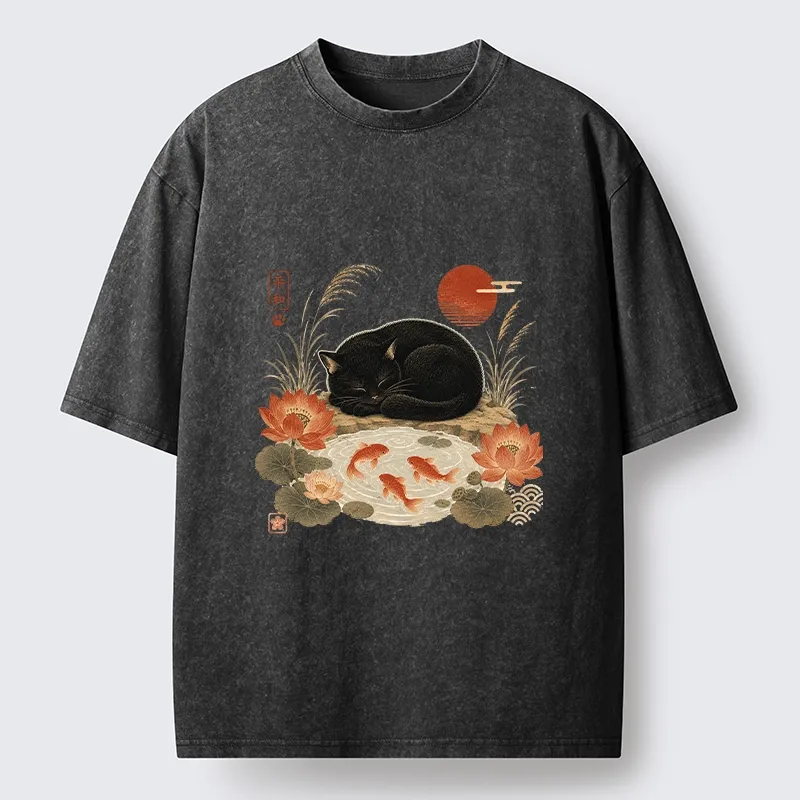 Tokyo-Tiger Peace Lotus Black Cat Koi Art Washed T-Shirt Sale