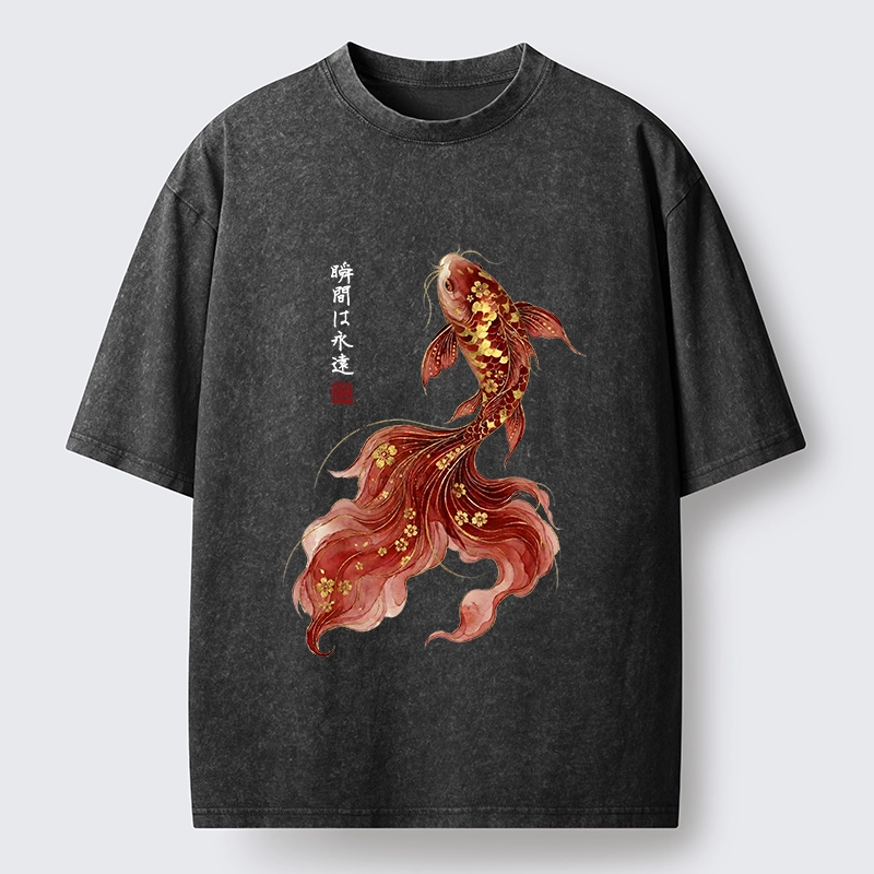 Tokyo-Tiger Golden Sakura Red Koi Ink Art Washed T-Shirt