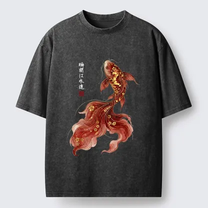 Tokyo-Tiger Golden Sakura Red Koi Ink Art Washed T-Shirt
