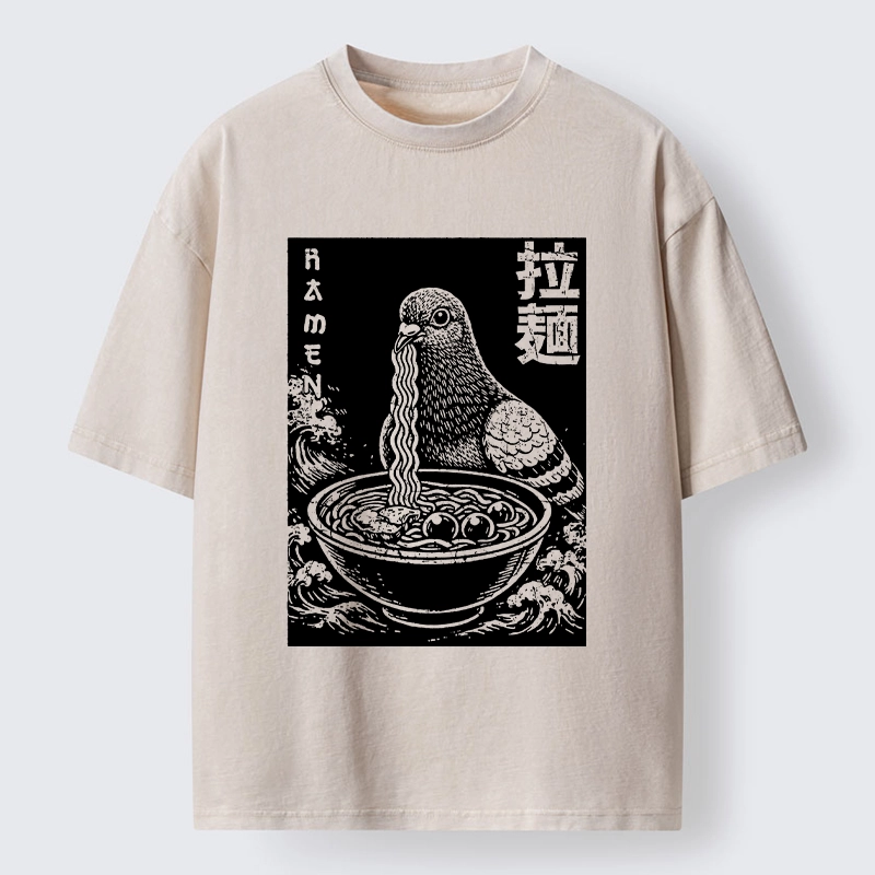 Tokyo-Tiger Pigeon Eating Ramen Art Washed T-Shirt
