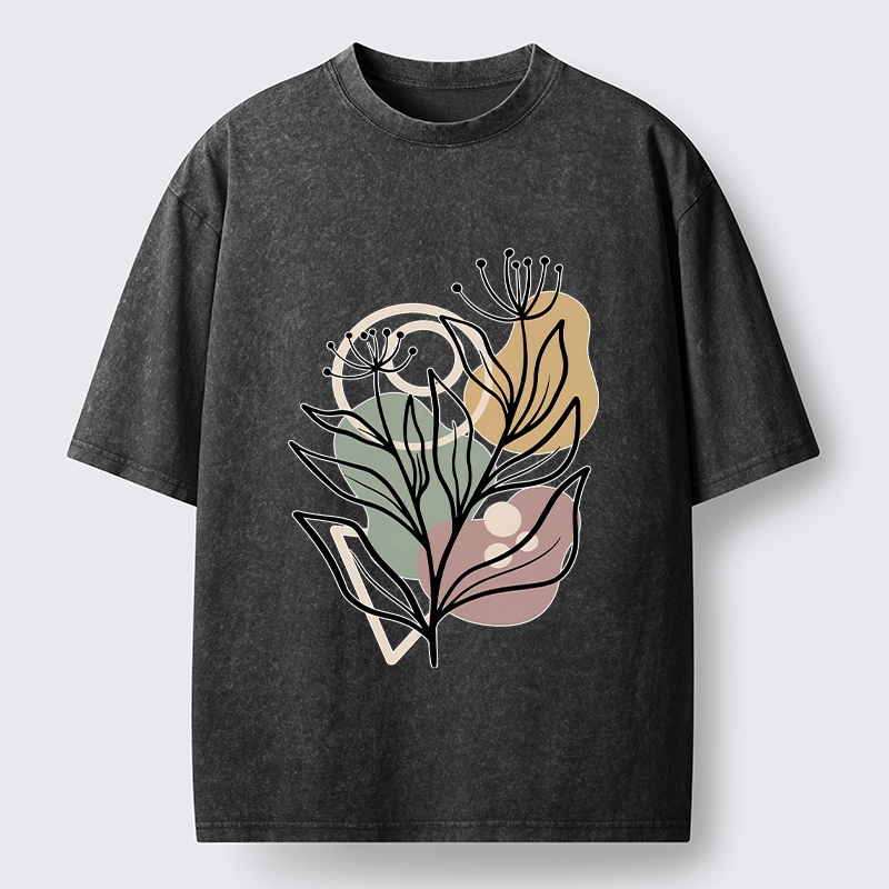 Tokyo-Tiger Soft Boho Floral Line Art Washed T-Shirt