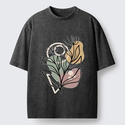 Tokyo-Tiger Soft Boho Floral Line Art Washed T-Shirt